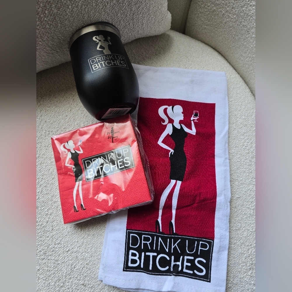 Ladies Night Gift Pack, Red/White/Black Towel/Wine Tumbler/Napkin Set